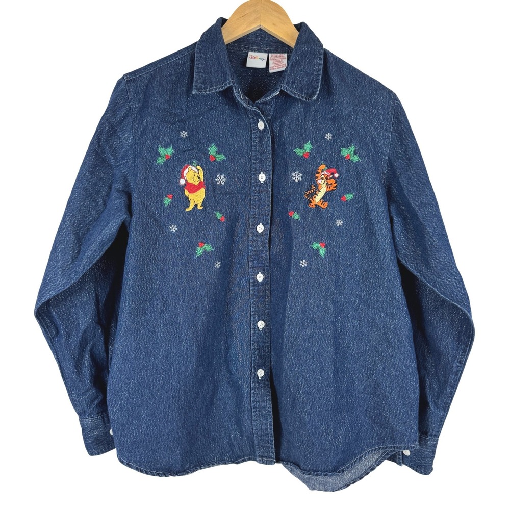 VTG! Disney Winnie the Pooh Tigger Denim Button Up‎ Shirt XL Holiday Embroidered